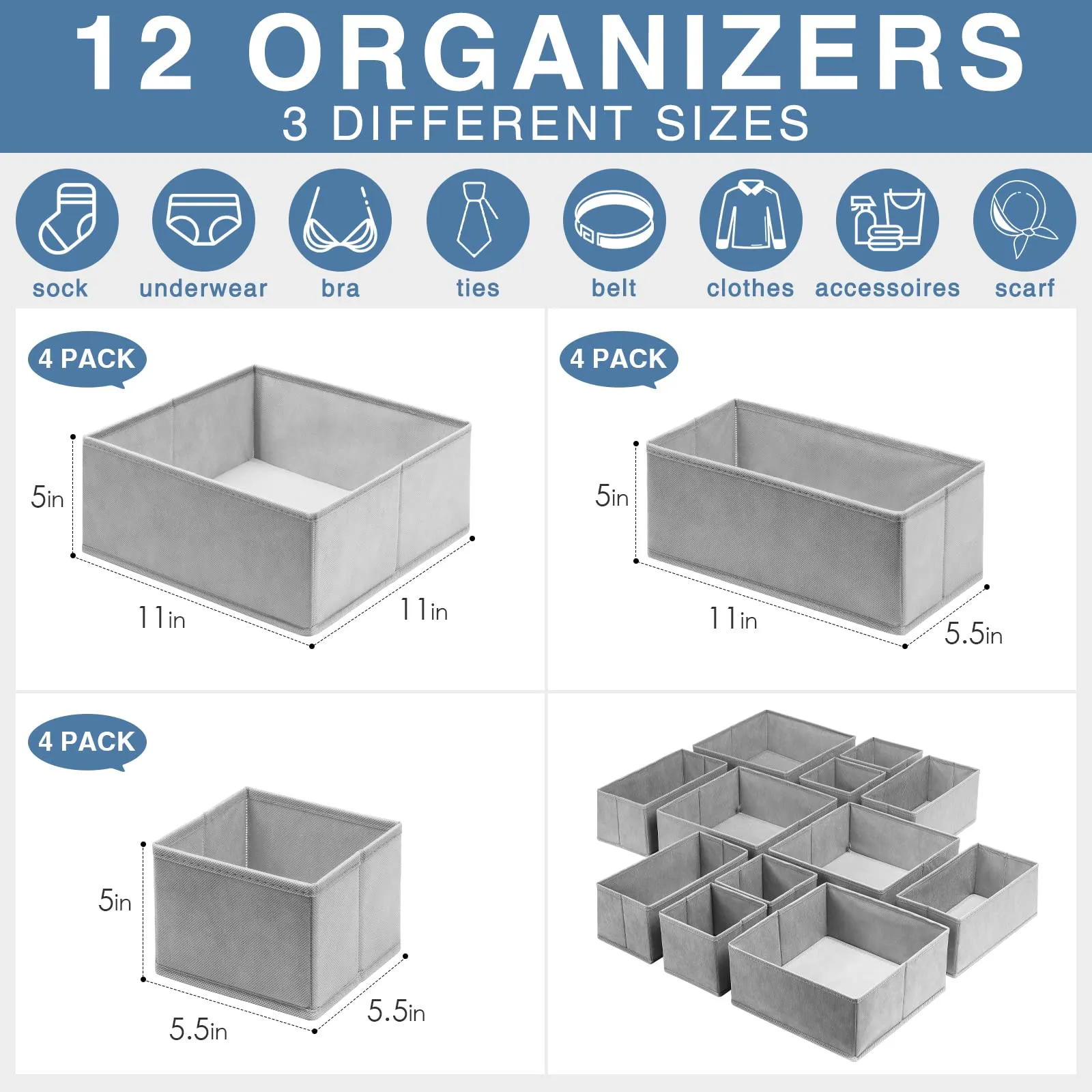 12 Pack Foldable Drawer Organizer Bins