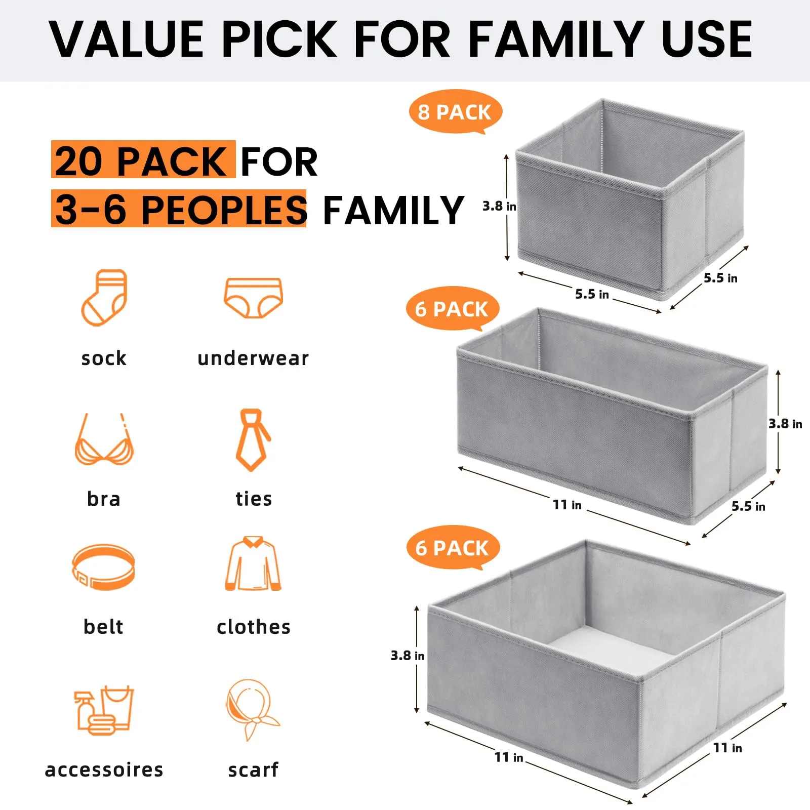 20 Pack Fabric Drawer Organizer Bins - Grey