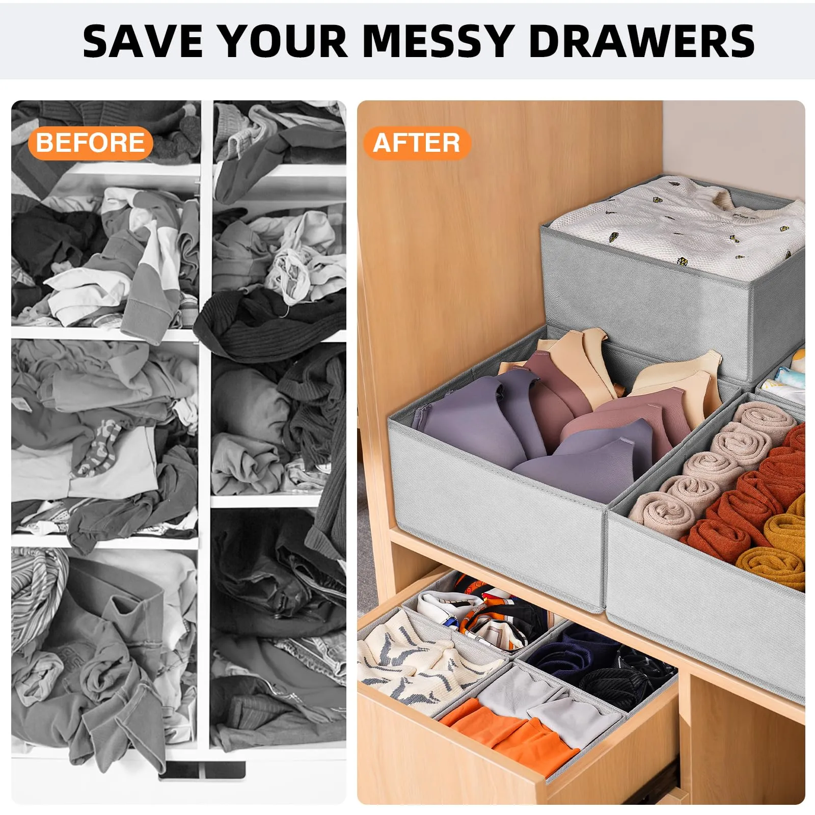 20 Pack Fabric Drawer Organizer Bins - Grey