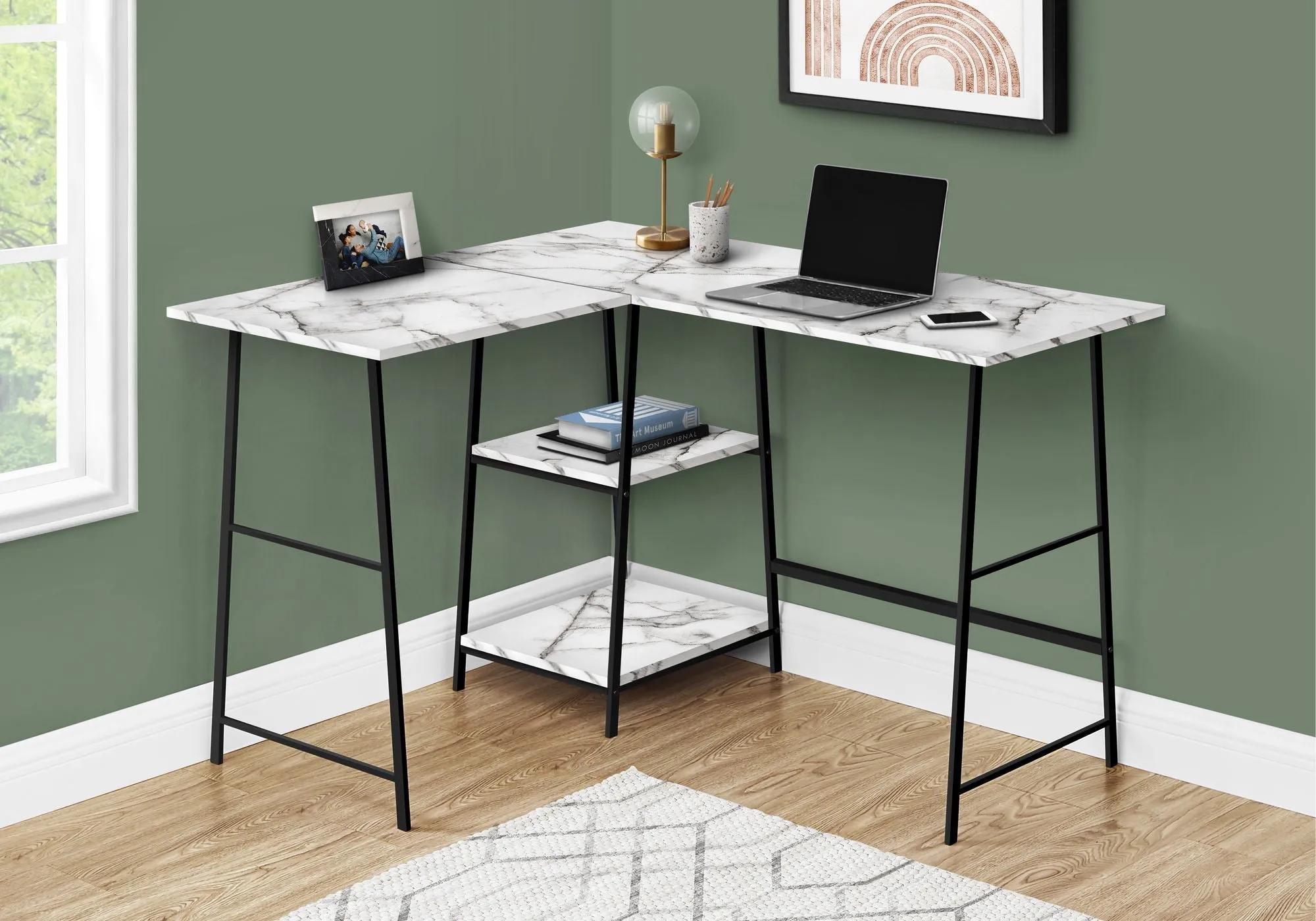 Computer Desk, Home Office, Corner, Storage Shelves, L Shape, Work, Laptop, Marble Look Laminate, Contemporary, Modern by Couch.com