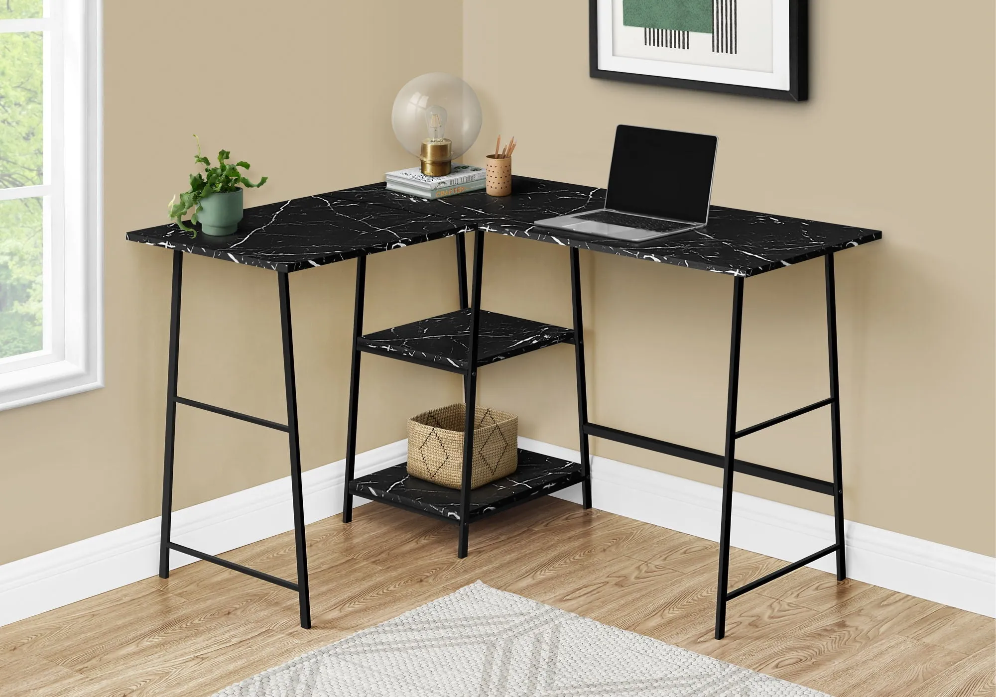 Computer Desk, Home Office, Corner, Storage Shelves, L Shape, Work, Laptop, Marble Look Laminate, Contemporary, Modern by Couch.com