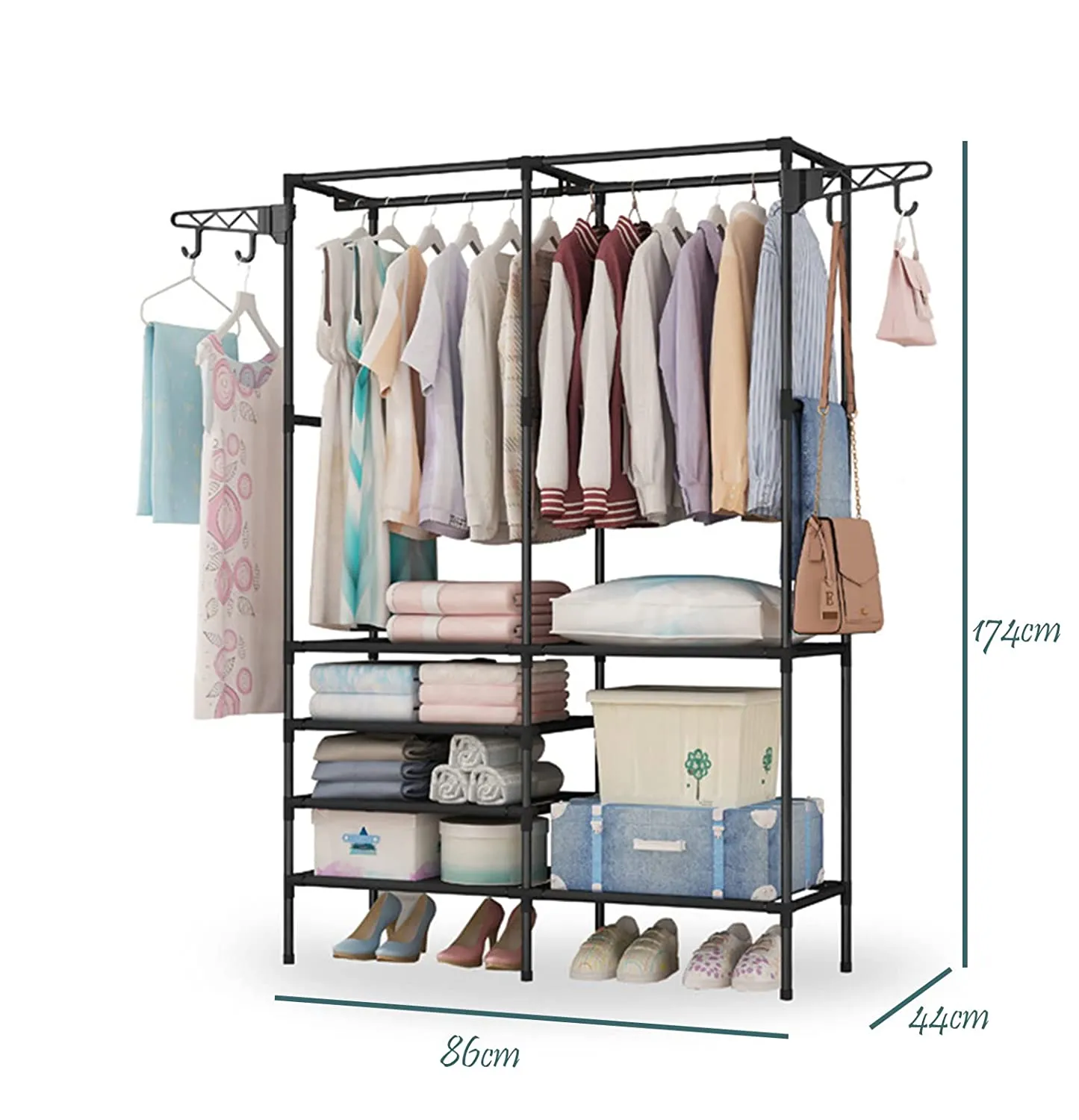 Heavy Duty Clothes Hanging Freestanding Wardrobe with 4 Hangers and 4-Tier Lower Storage Shelf - (Black)