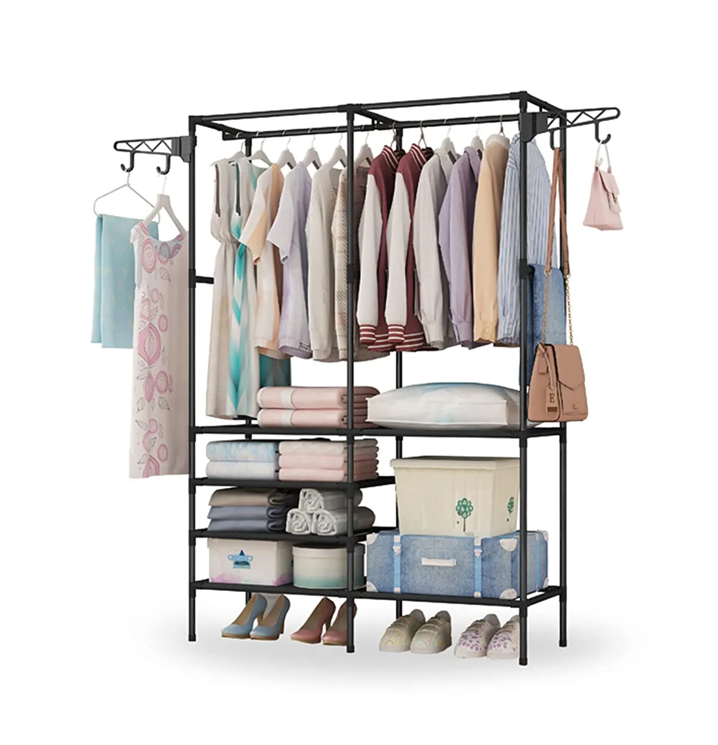 Heavy Duty Clothes Hanging Freestanding Wardrobe with 4 Hangers and 4-Tier Lower Storage Shelf - (Black)