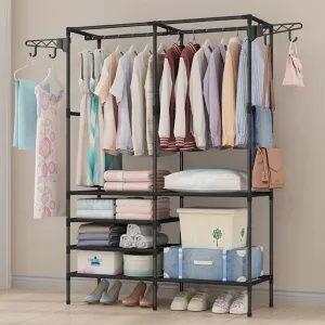 Heavy Duty Clothes Hanging Freestanding Wardrobe with 4 Hangers and 4-Tier Lower Storage Shelf - (Black)