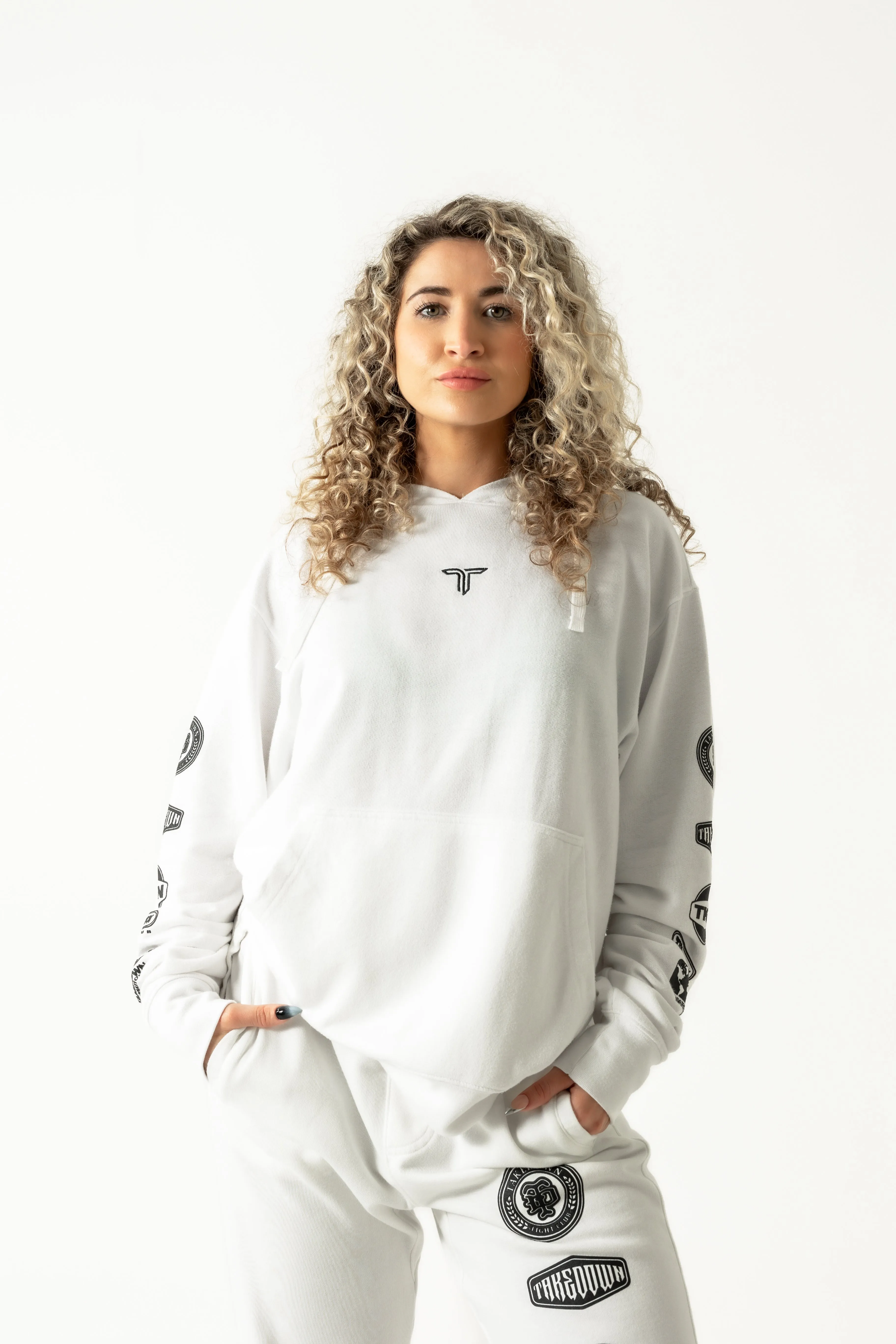 Takedown Sleeve Logo Stack Hoodie - White