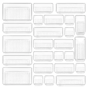 Vtopmart 25 PCS Clear Plastic Drawer Organizers Set, 4-Size Versatile Bathroom and Vanity Drawer Organizer Trays, Storage Bins for Makeup, Bedroom, Kitchen Gadgets Utensils and Office
